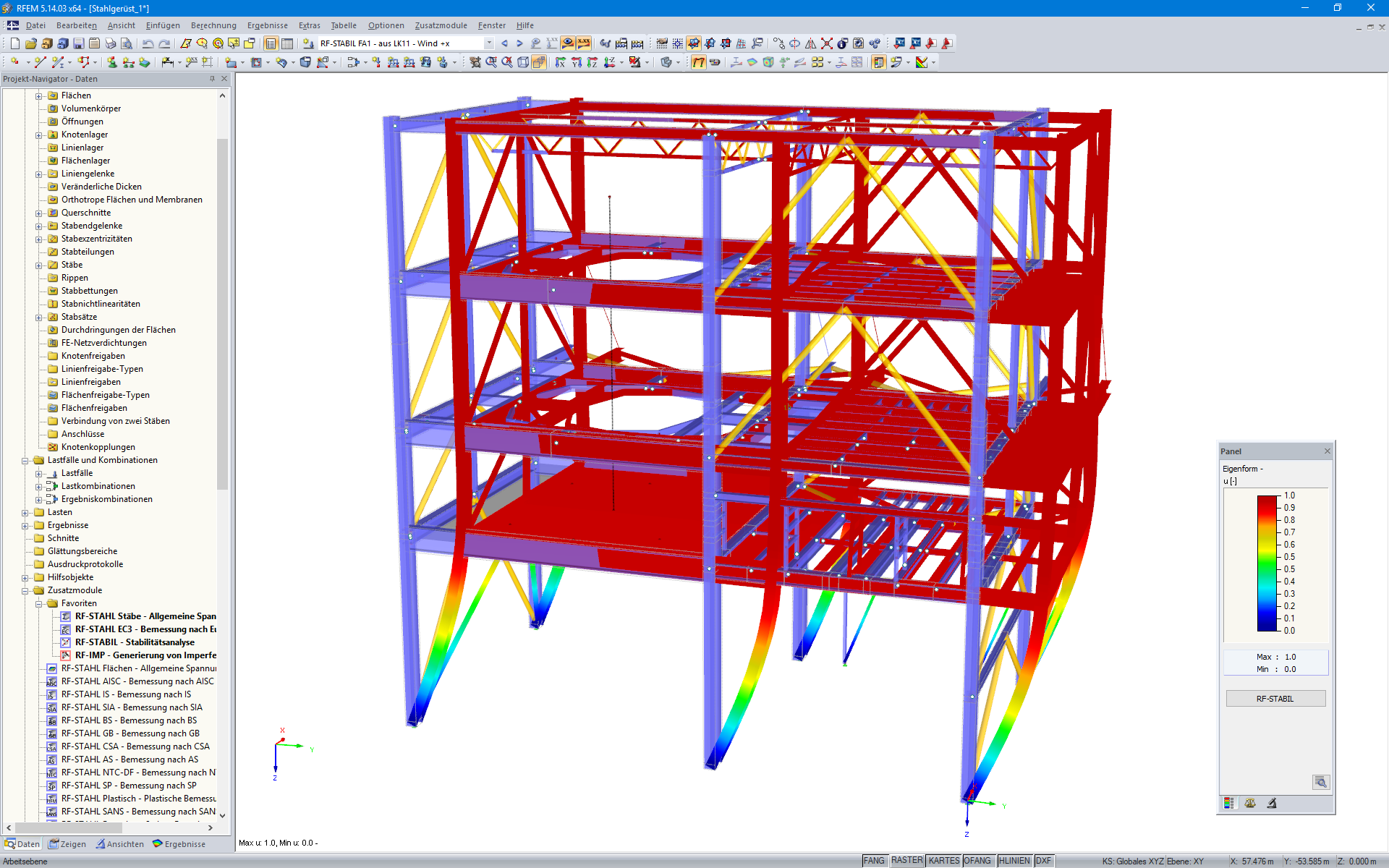 Grafische Darstellung der Knickeigenform eines Stahlgerüstes in RFEM