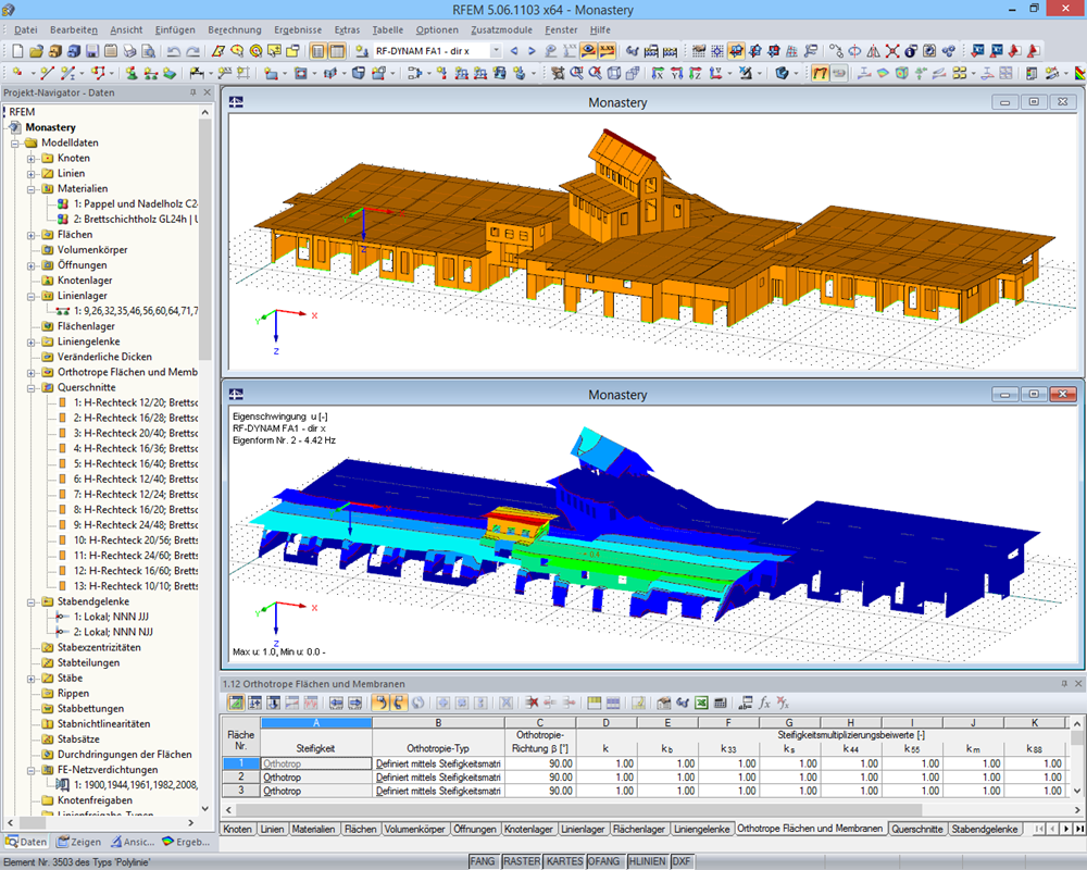 3D-Modell (oben) und in RF-DYNAM berechnete Eigenform (unten) der Holztragkonstruktion in RFEM (© Dr. Ing. Berger, Dr. Ing. Gadner Meran)