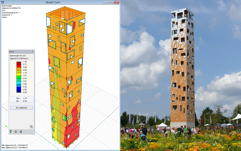 In RFEM und RF-LAMINATE bemessener Aussichtsturm aus Brettsperrholzplatten (© www.wirth-baustatik.de)