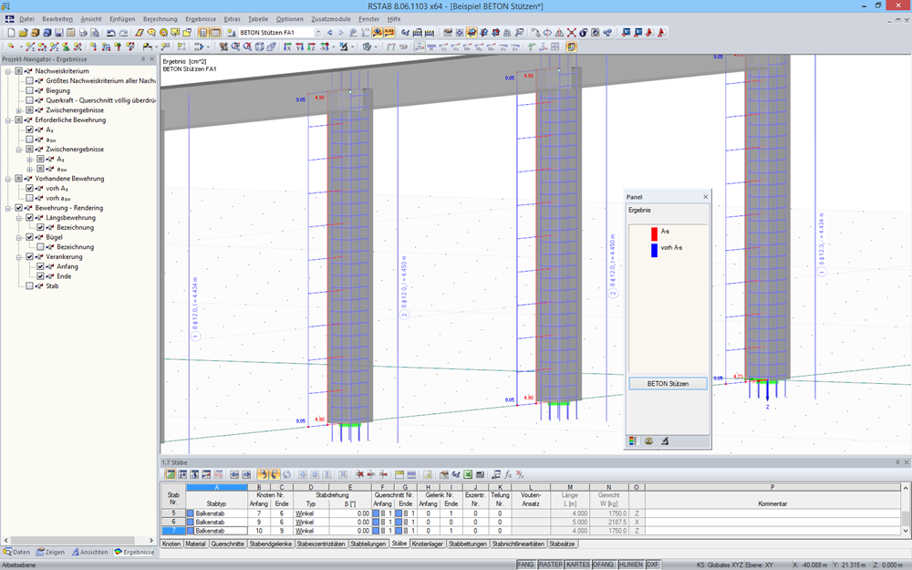 In BETON Stützen berechnete Stützenbewehrung in RSTAB