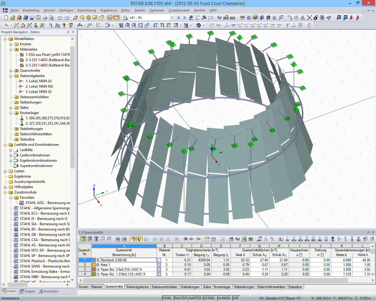 3D-Modell der Tragkonstruktion des Glas-Leuchters in RSTAB (© www.stutzkiengineering.com)