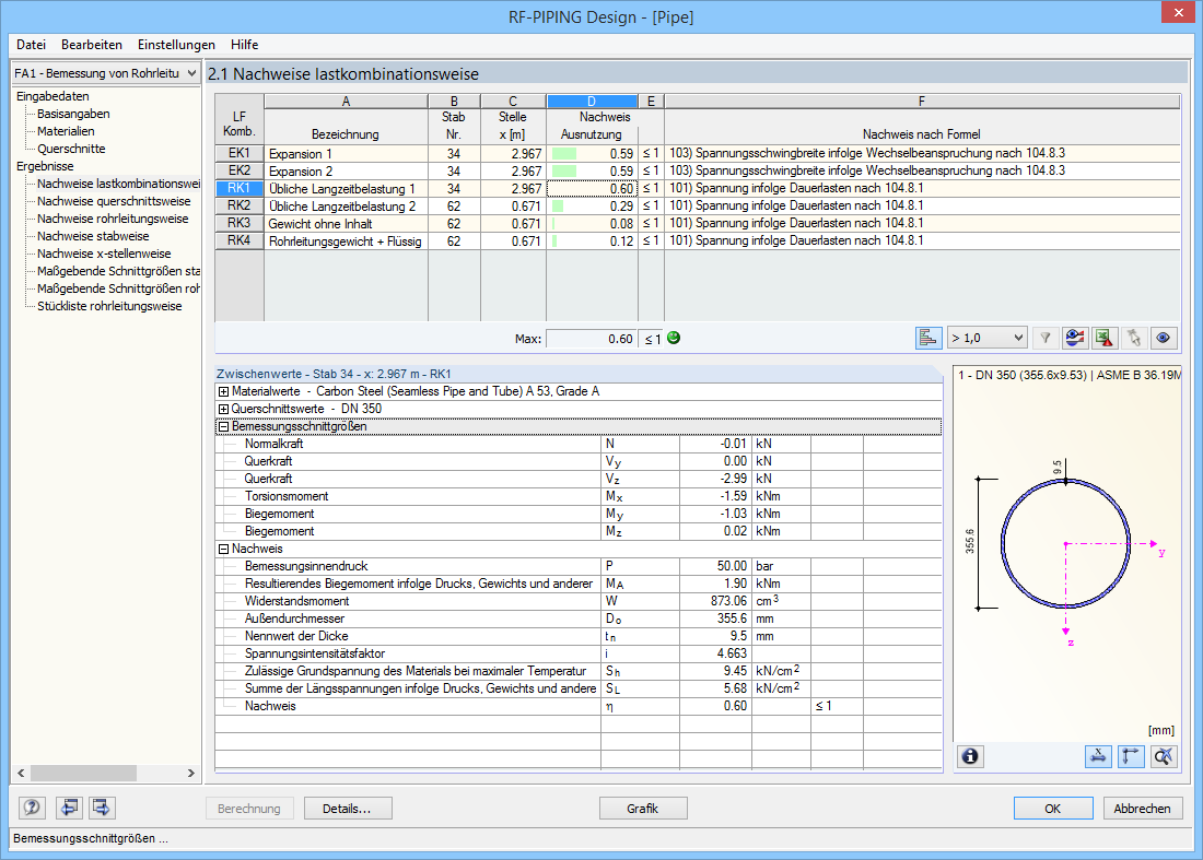 Bemessungsergebnisse im Modul RF-PIPING Design