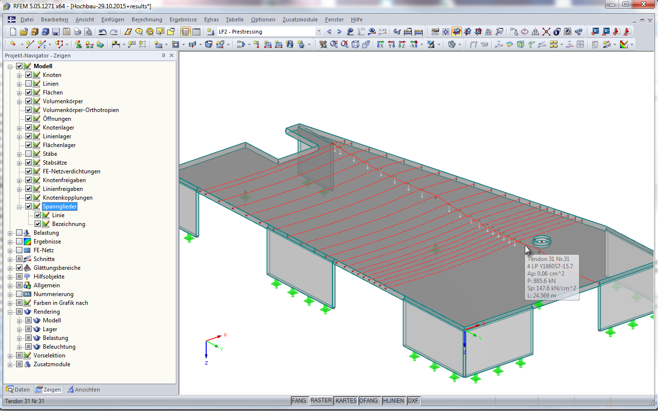 Vorgespannte Hochbaudecke in RFEM - Anzeige der Spannglieder