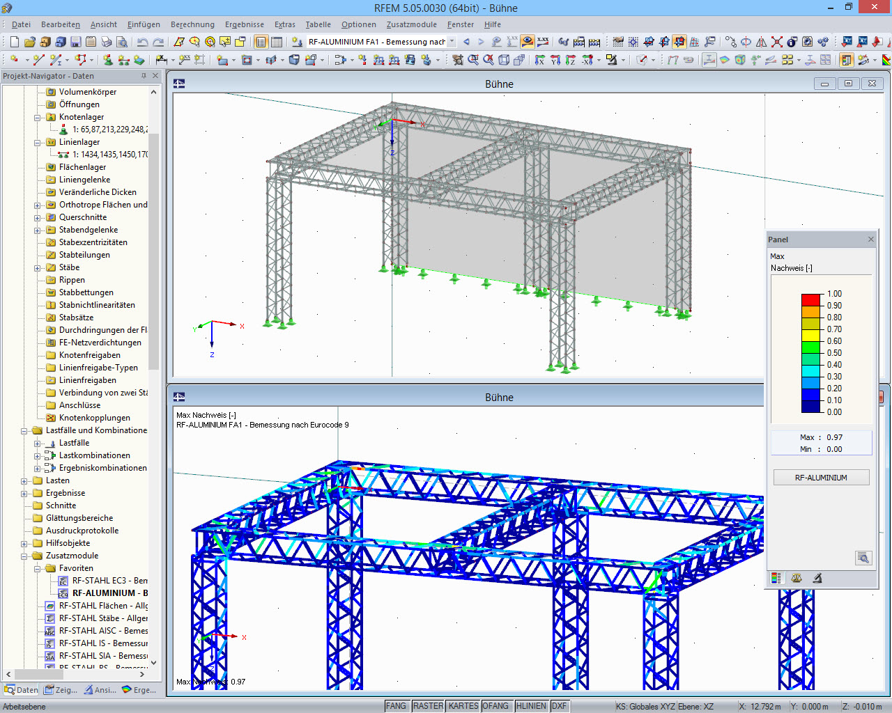 Modell einer Konzertbühne und grafische Darstellung der Bemessungsergebnisse von RF-ALUMINIUM in RFEM