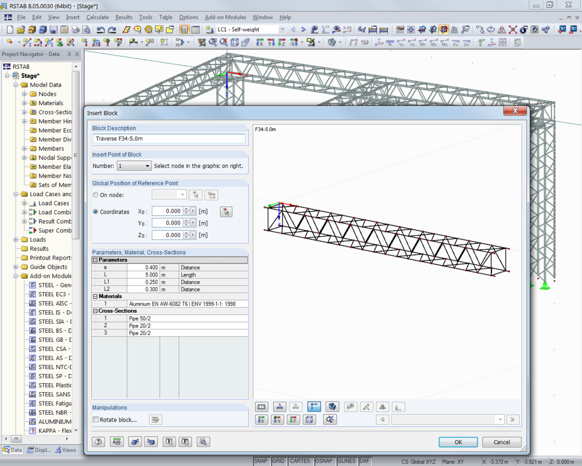 Einfügen eines Blocks (Global Truss – Traverse) in RSTAB