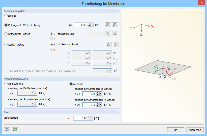 Vorspannungs-Parameter für Membrane