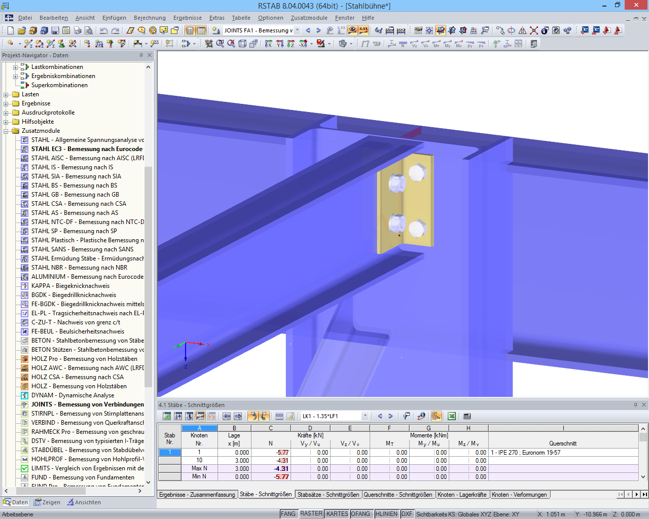 3D-Rendering eines in JOINTS Stahl - Gelenkig bemessenen Winkel-Anschlusses in RSTAB