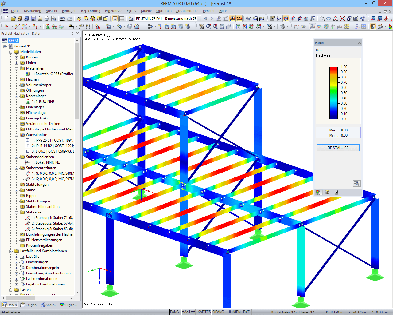 Bemessungsergebnisse von RF-STAHL SP im 3D-Rendering in RFEM