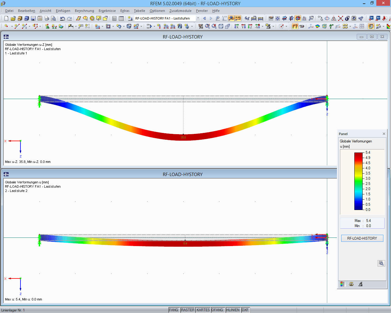 Darstellung der Verformung unter Volllast sowie plastische Verformung nach Entlastung in RFEM