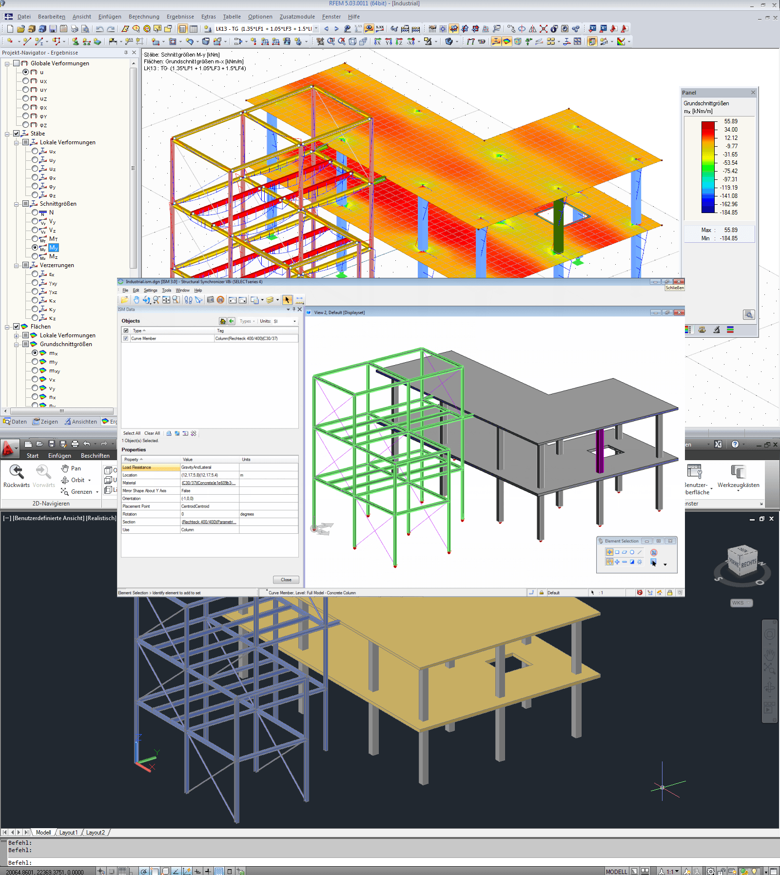 ISM-Schnittstelle mit Modell in RFEM (oben), ISM Viewer (Mitte) und ProStructure (Unten)