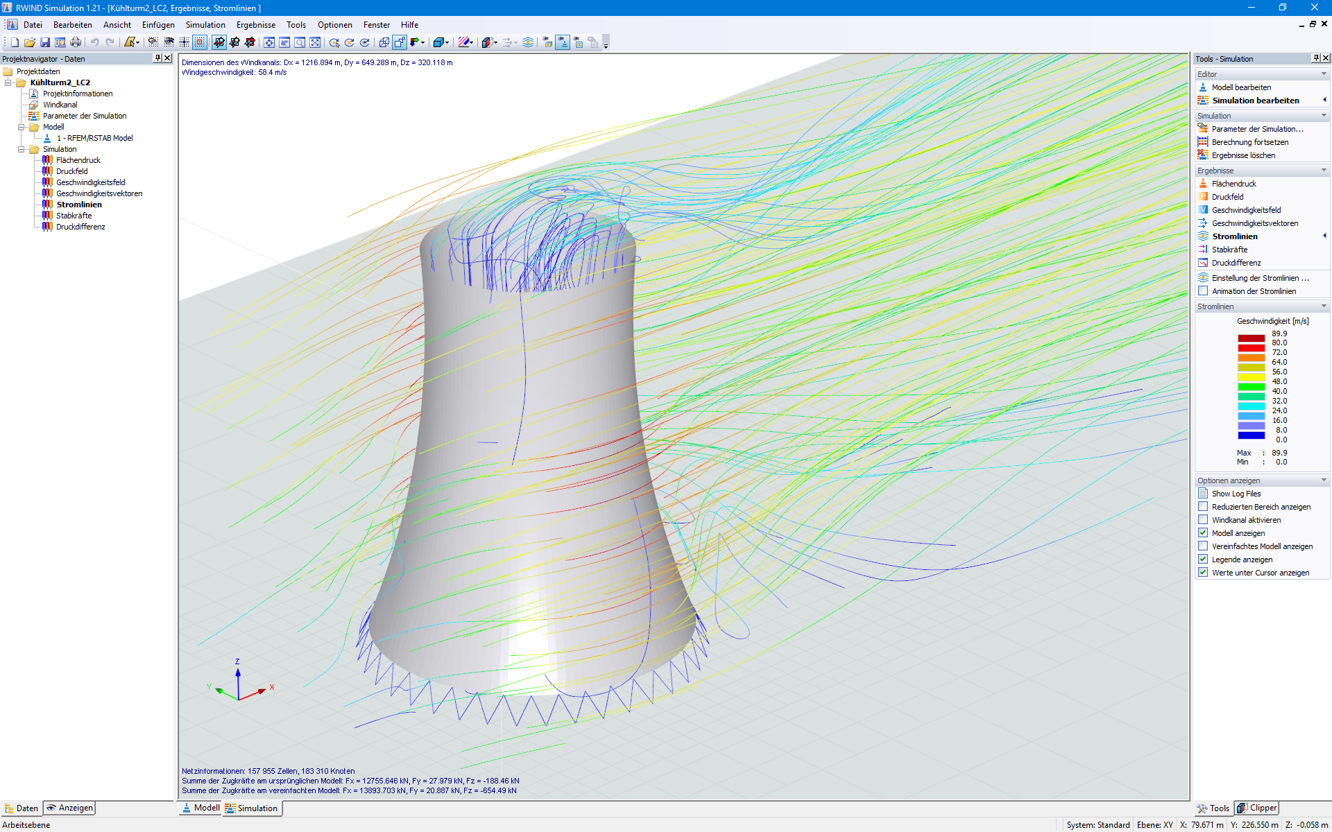 Stromlinien des digitalen Windkanals an einem Kühlturm
