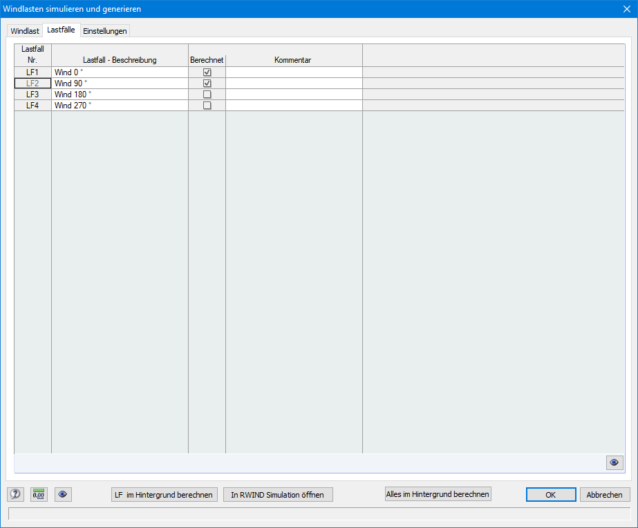 Zu generierende Windlastfälle in RFEM/RSTAB