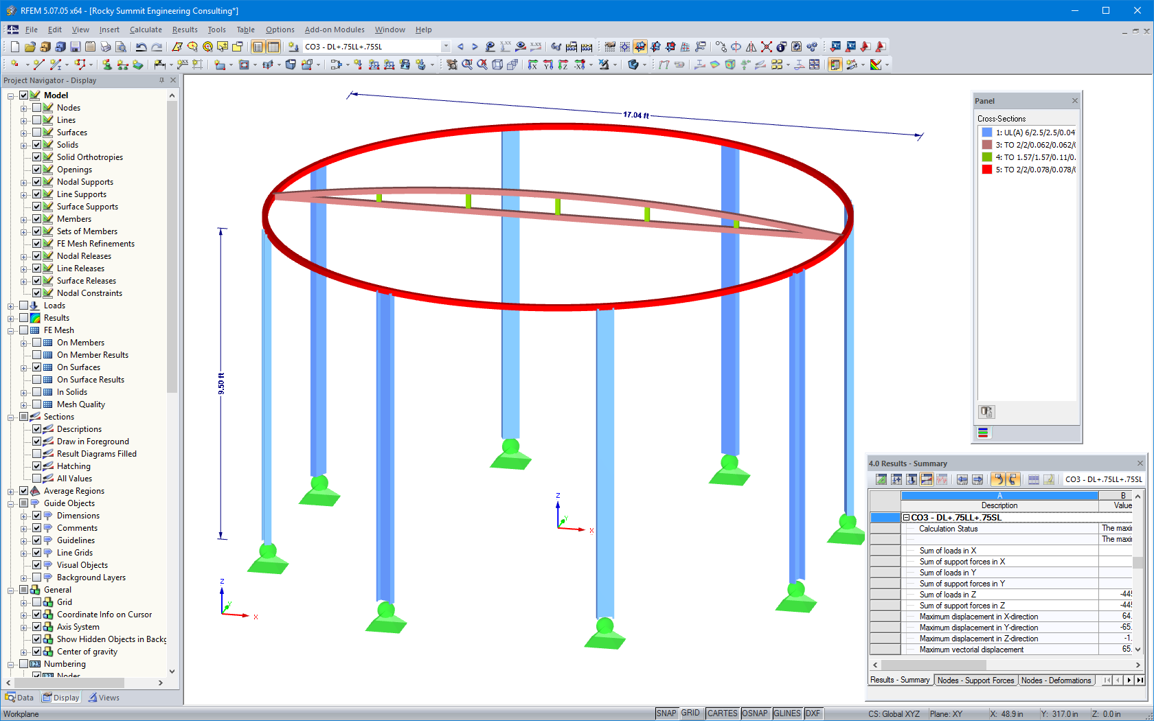 RFEM-Modell des Stabwerks mit Bemaßungen