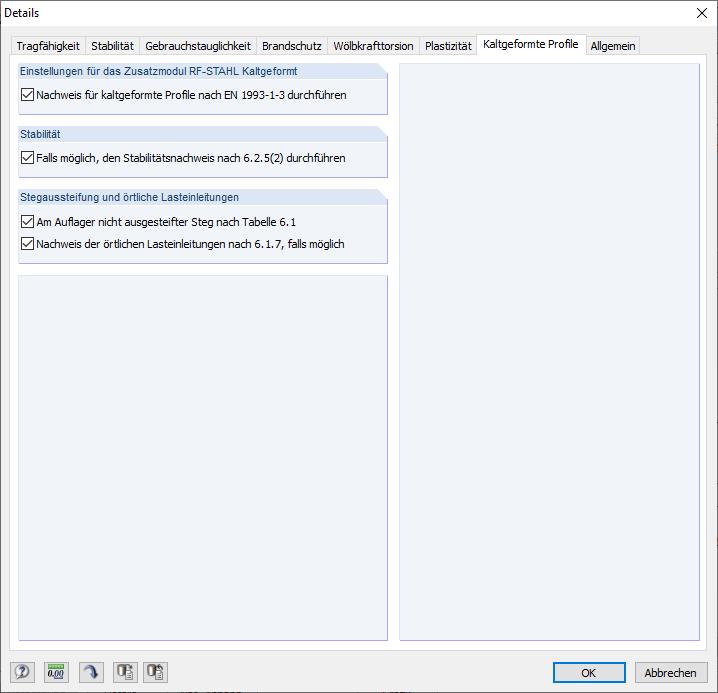 Aktivierung der Nachweise für kaltgeformte Profile in RF-/STAHL EC3
