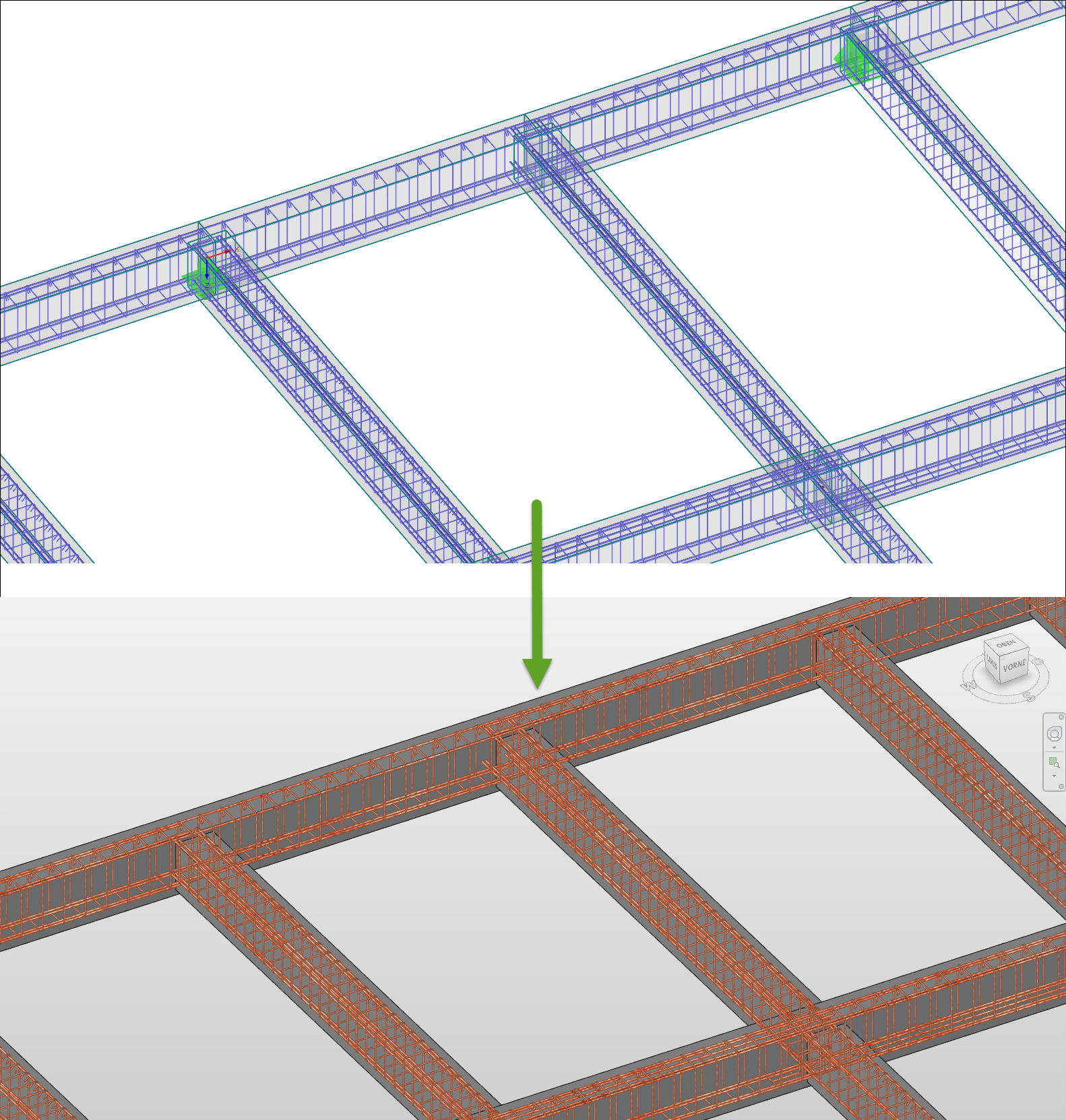 Bewehrungsübergabe von RFEM/RSTAB (oben) an Revit (unten)