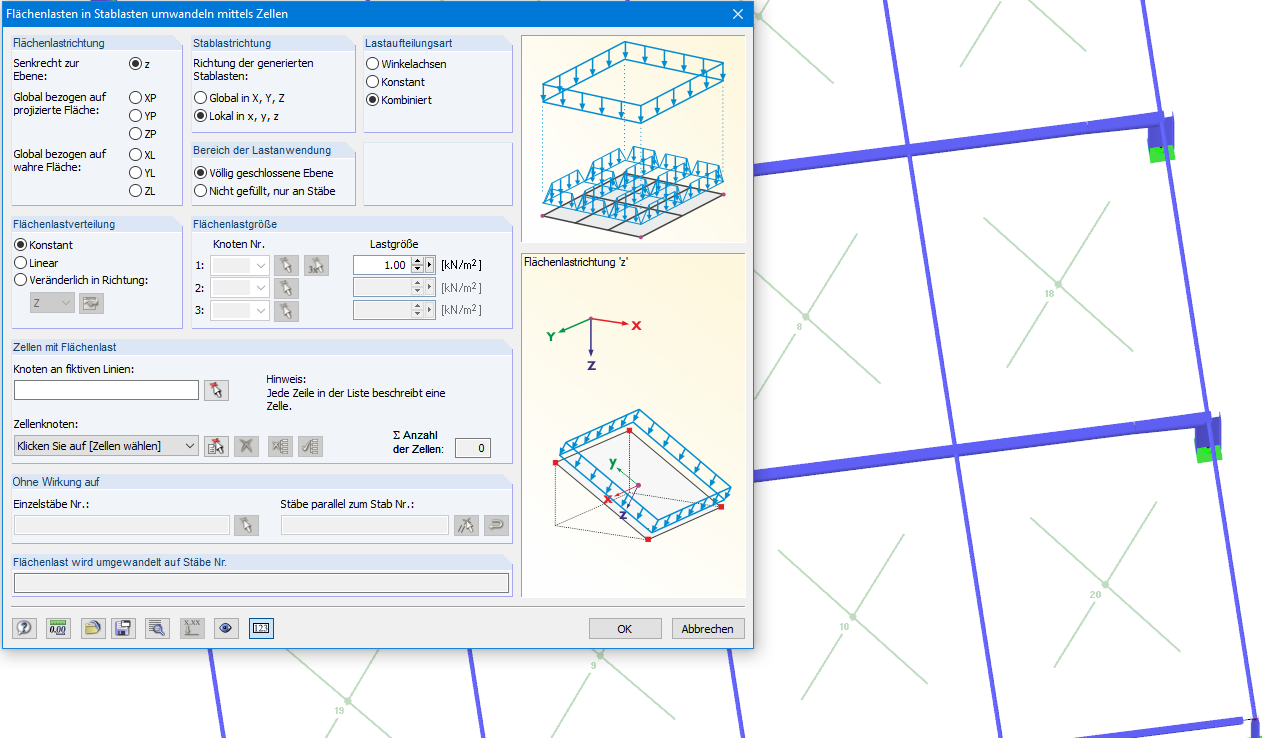 Flächenlasten in Stablasten umwandeln mittels Zellen