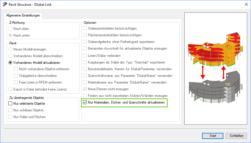 Exportoption "Nur Materialien, Dicken und Querschnitte aktualisieren
