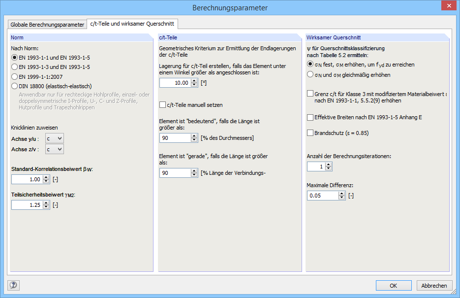 Querschnittswerte-Programm DUENQ | Berechnungsparameter