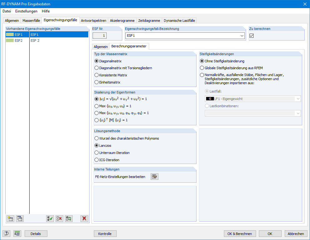 Berechnungsparameter für Eigenschwingungsfälle