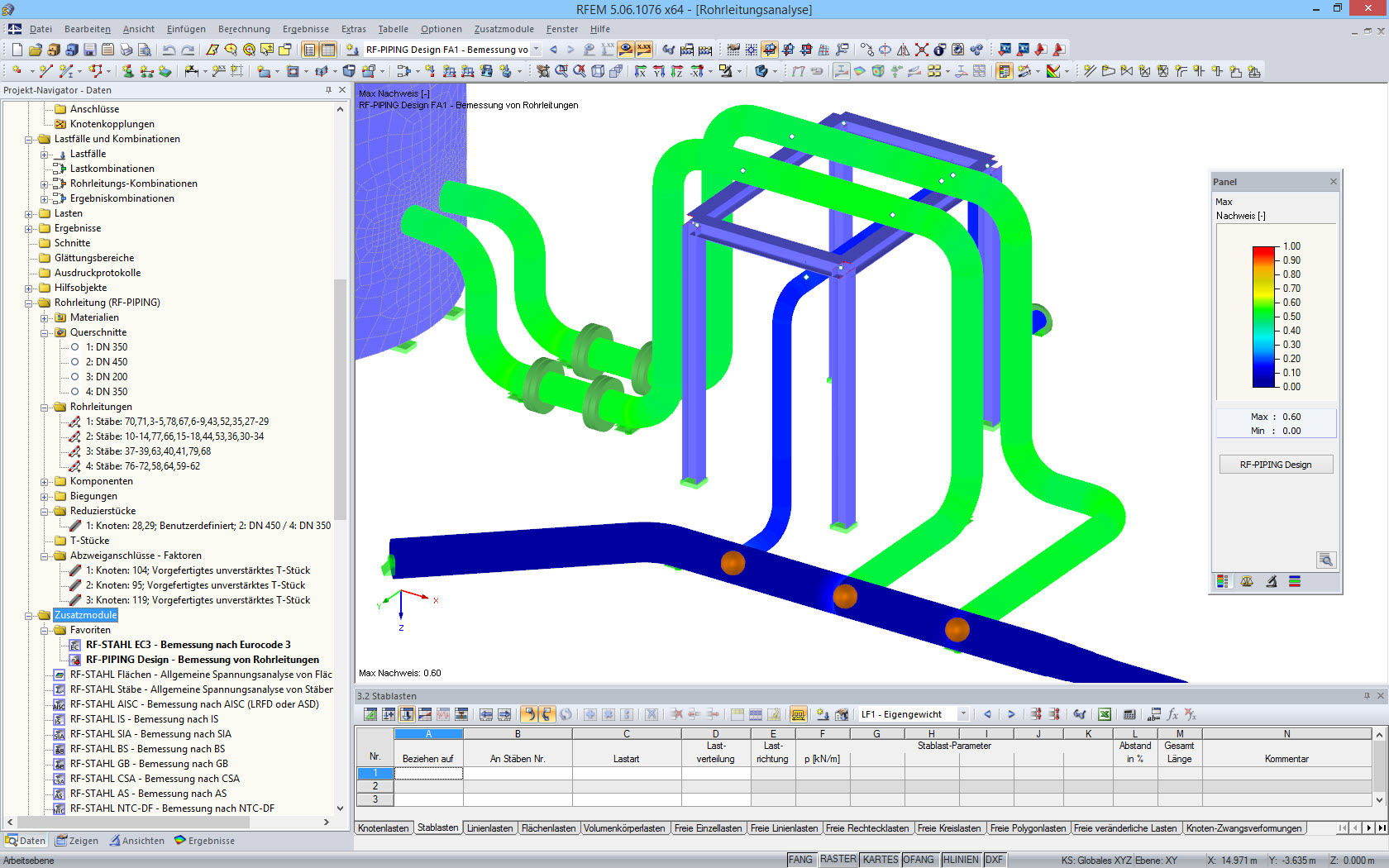 Grafische Ergebnisdarstellung der Rohrleitungsbemessung in RFEM