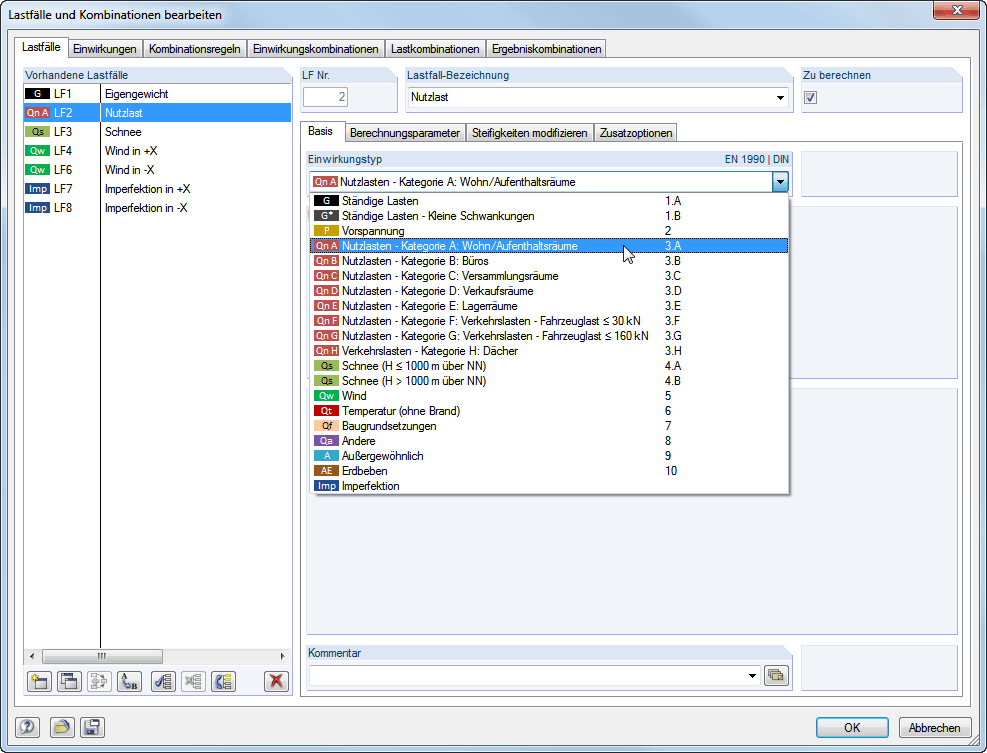 Zuordnung der Einwirkungstypen zu den Lastfällen