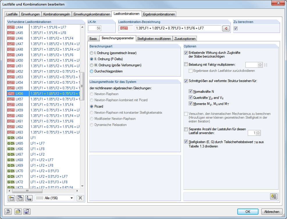 Bemessungsparameter einer Lastkombination