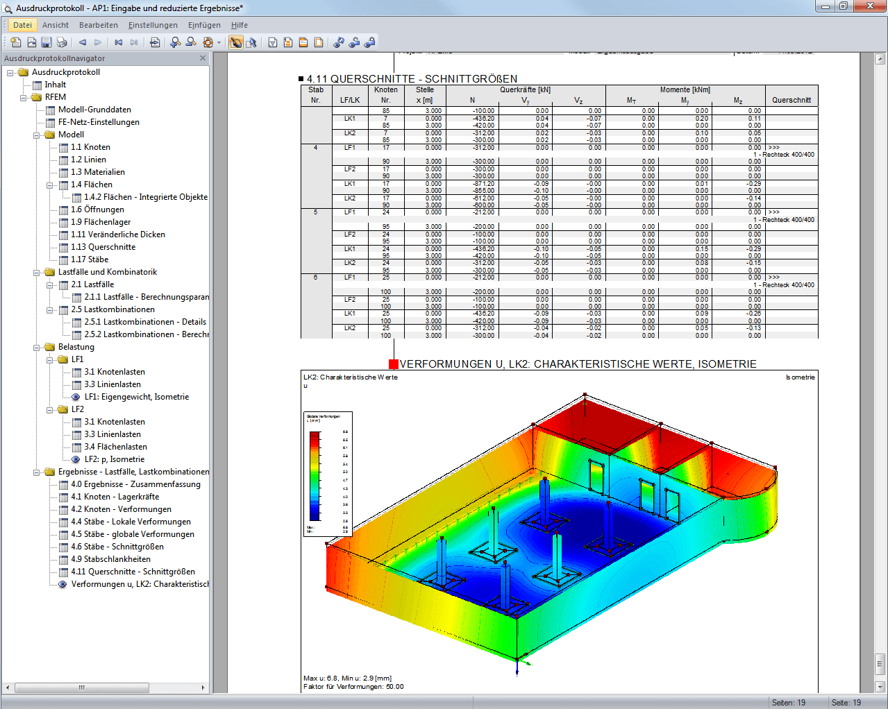 Automatisch erzeugte Grafik der Verformung im Ausdruckprotokoll