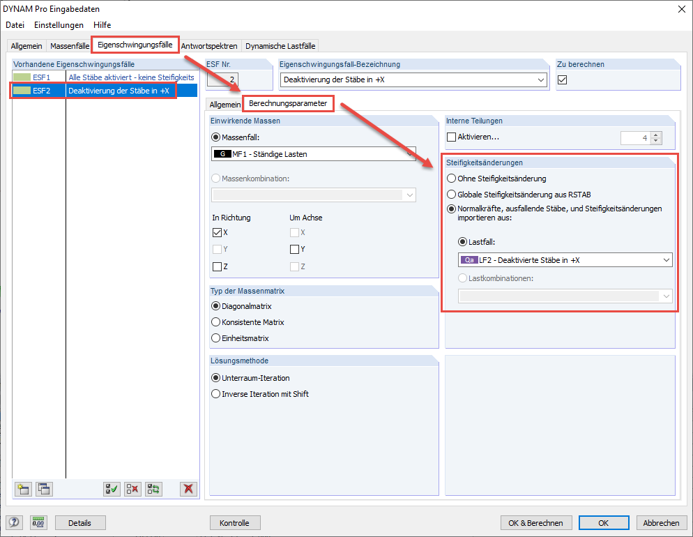 Option 'Steifigkeitsänderungen' in DYNAM Pro
