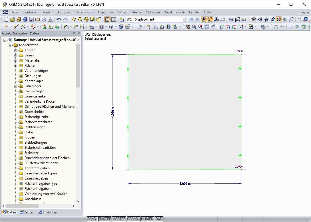 Berechnungsmodell in RFEM: ein FE-Element, links gehalten, rechts gezogen