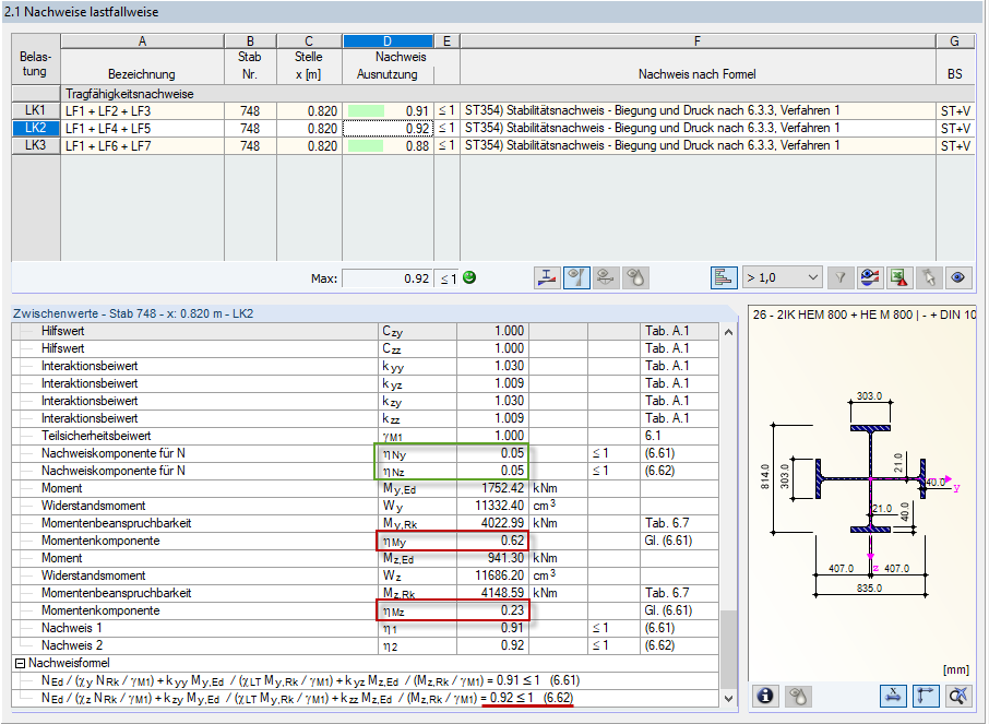Detaillierte Ergebnisauswertung des Stabilitätsnachweises für Lastkombination 2