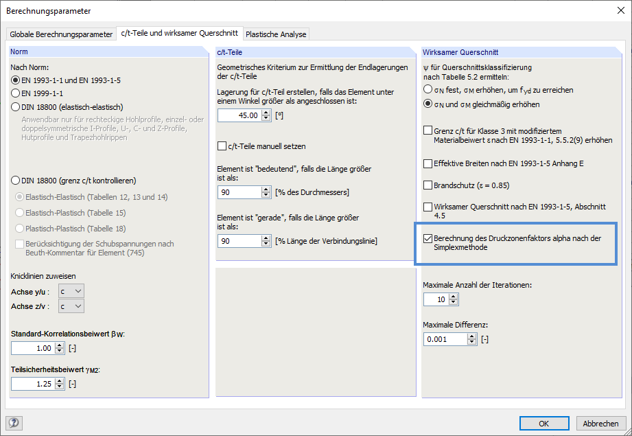 Dialog 'Berechnungsparameter'