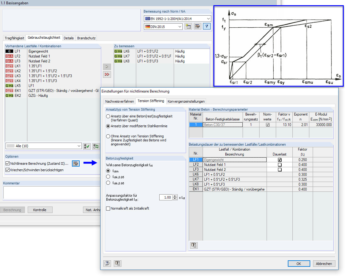BETON Maske '1.1 Basisangaben' für Gebrauchstauglichkeit mit Details für nichtlineare Berechnung nach [2]