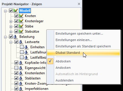 Einstellungen im Projekt-Navigator - Zeigen auf Standard zurücksetzen