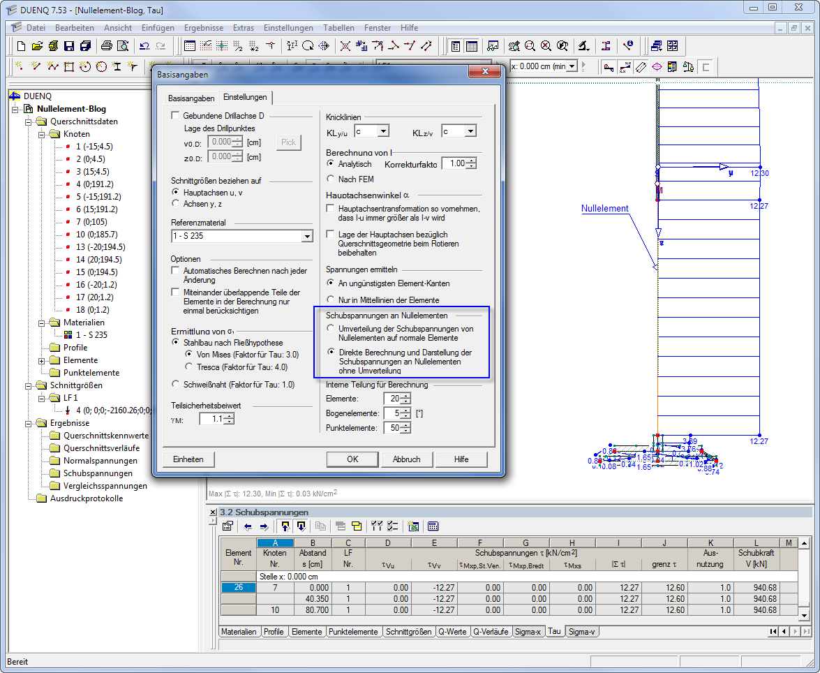 Berechnung von Schubspannungen an Nullelementen
