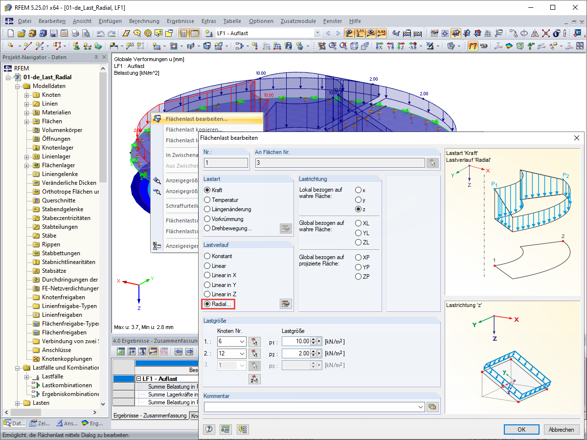 Flächenlast bearbeiten: Lastverlauf "Radial"