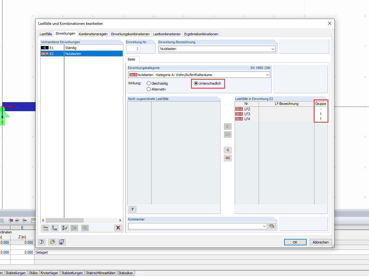 Unterschiedliche Wirkung von Lastfällen und Zuordnung zu Gruppen