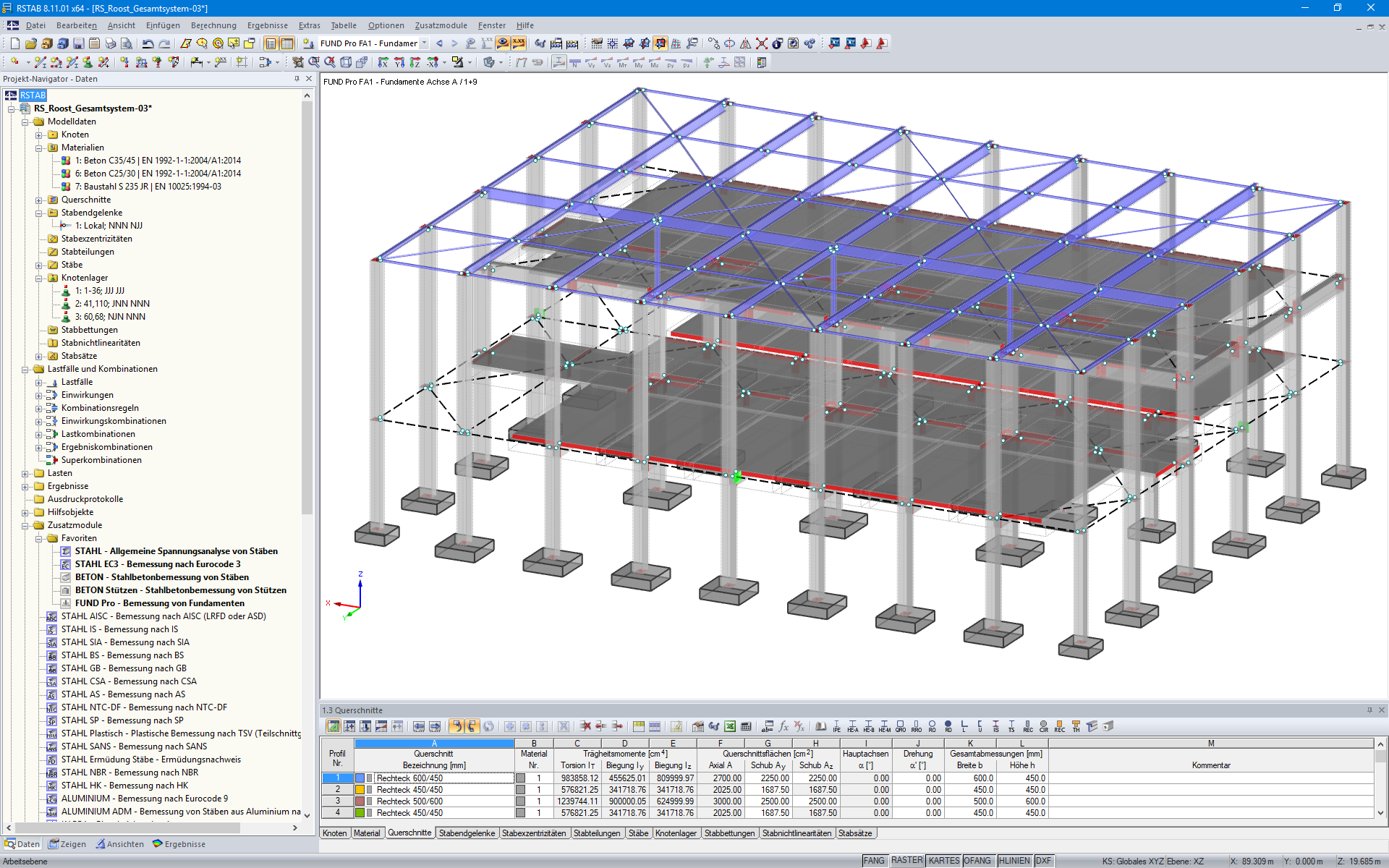 3D-Modell eines Autohauses mit bemessenen Fundamenten in RSTAB (© SCHATZ Engineering)