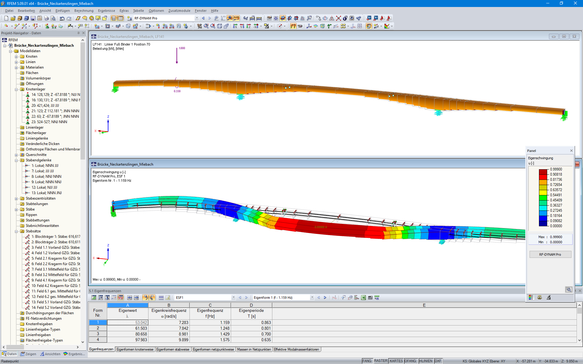 Modell und erste Eigenform der Geh- und Radwegbrücke in RFEM (© IB Miebach)