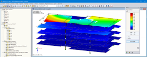 3D-Modell und erste Eigenform des fünfgeschossigen Holzbaus in RFEM (© Pirmin Jung Ingenieure)