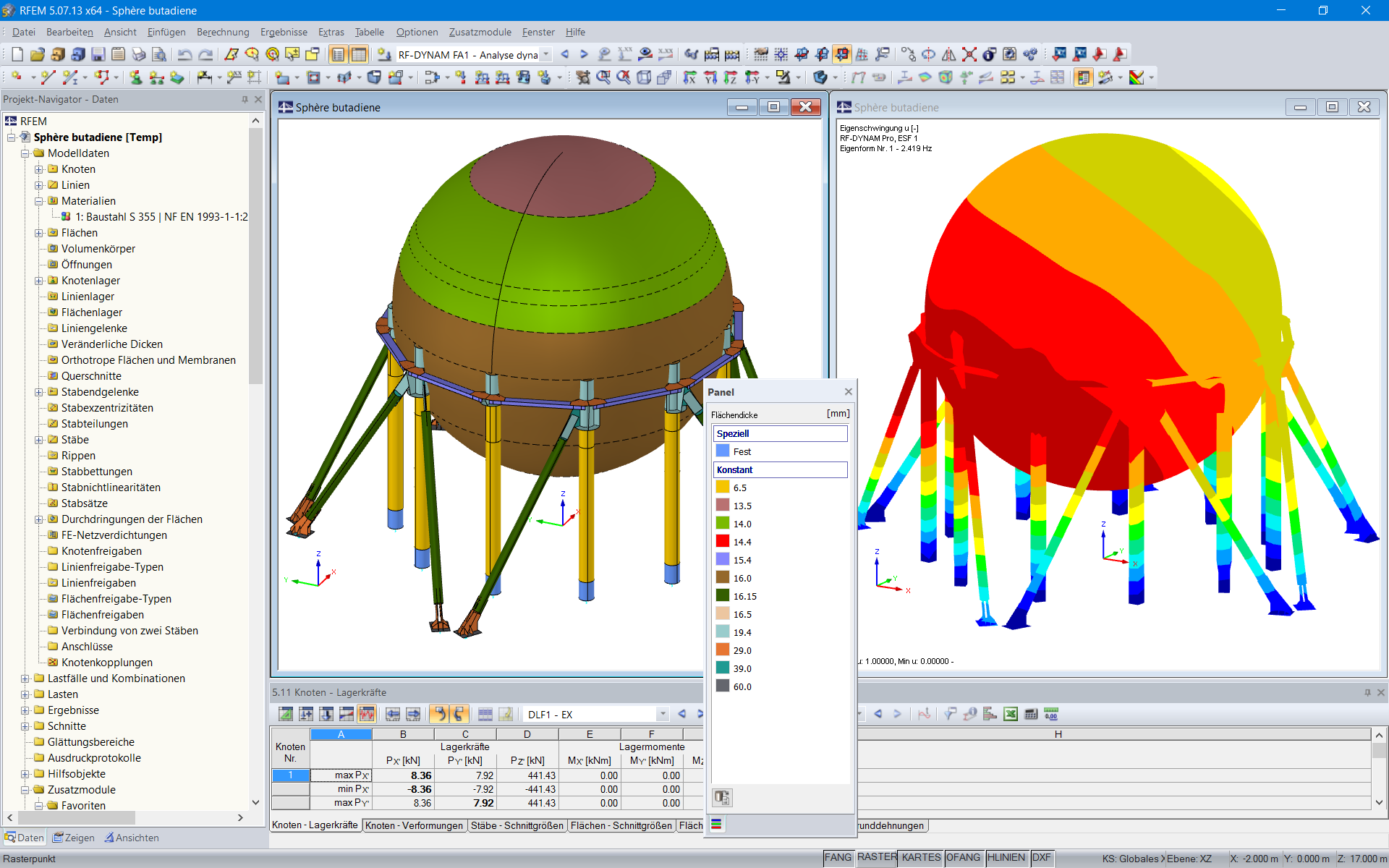 Analytisches 3D-Modell in RFEM (links) und in RF-DYNAM Pro berechnete Eigenform (rechts)