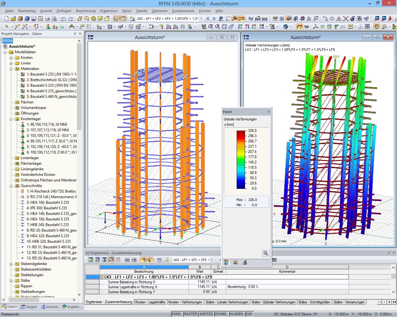 3D-Modell des Aussichtsturmes und Verformungsfigur in RFEM (© Harrer Ingenieure)