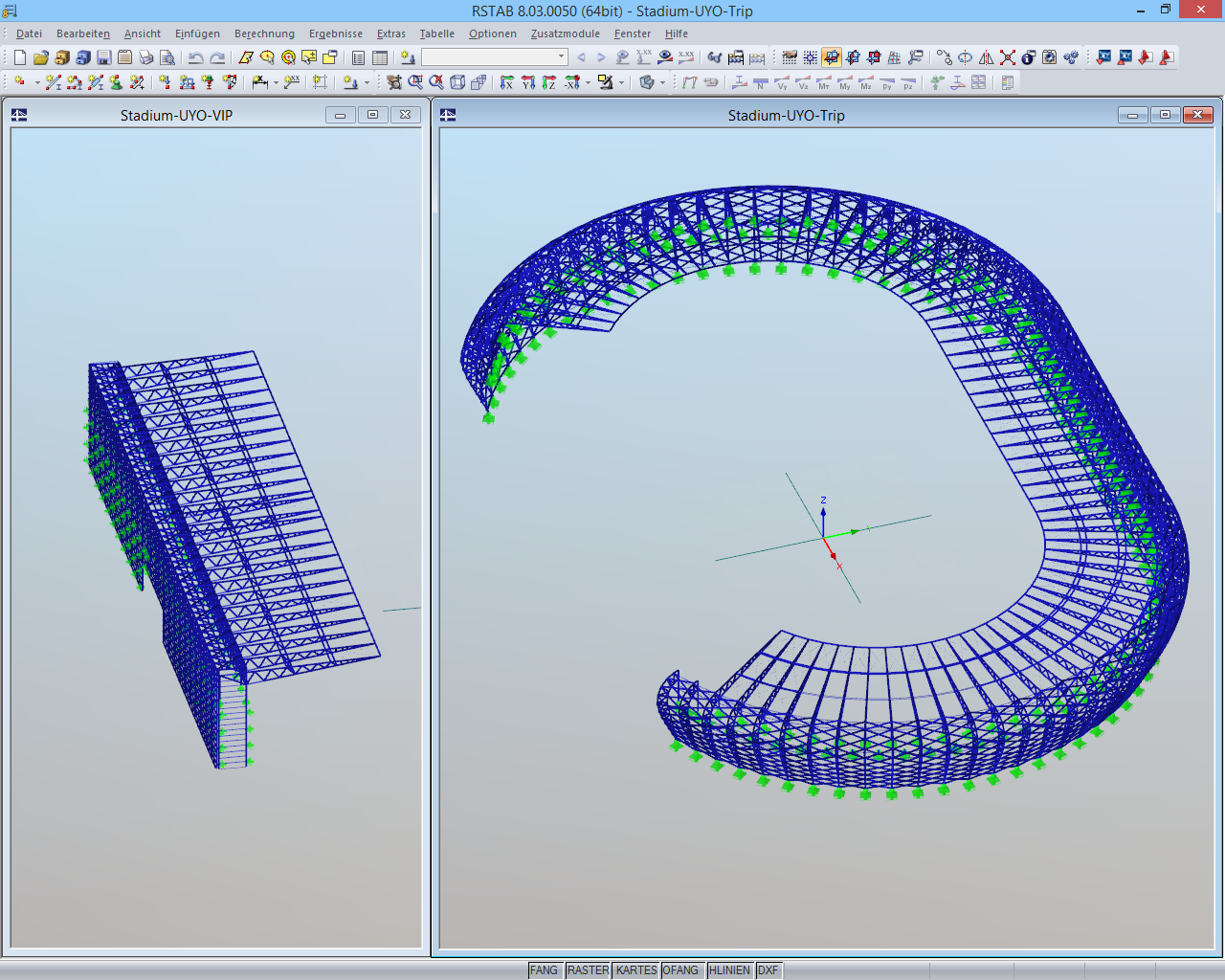 3D-Modell der VIP-Tribüne (links) und des Stadions (rechts) in RSTAB