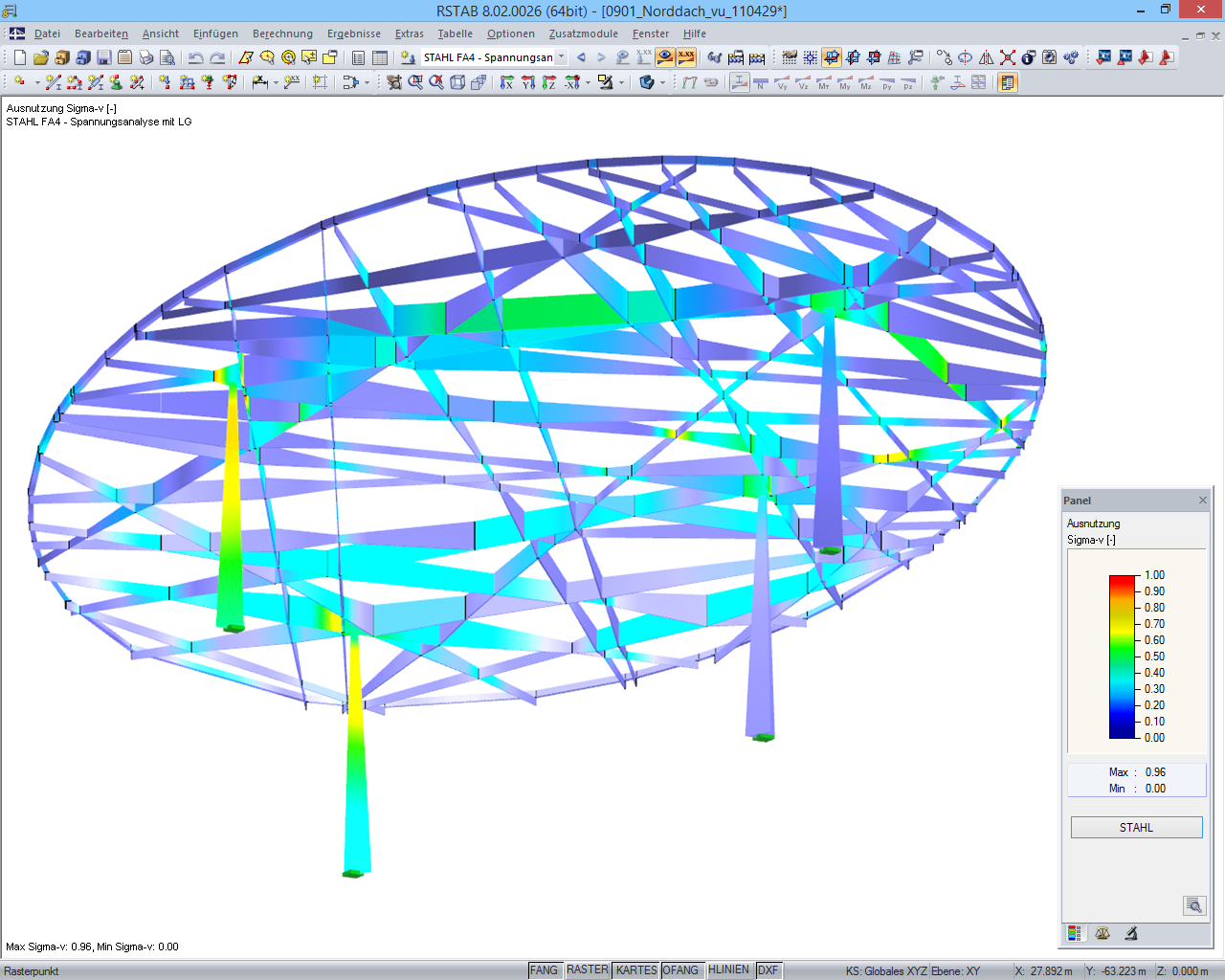 Stahlspannungsanalyse des Norddaches in RSTAB (© Bollinger + Grohmann)