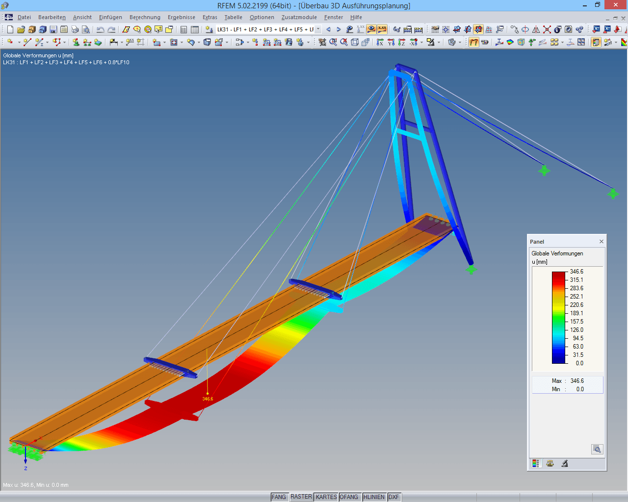 RFEM-Modell der Pylonbrücke mit Darstellung der Verformung (© IB Robert Buxbaum)
