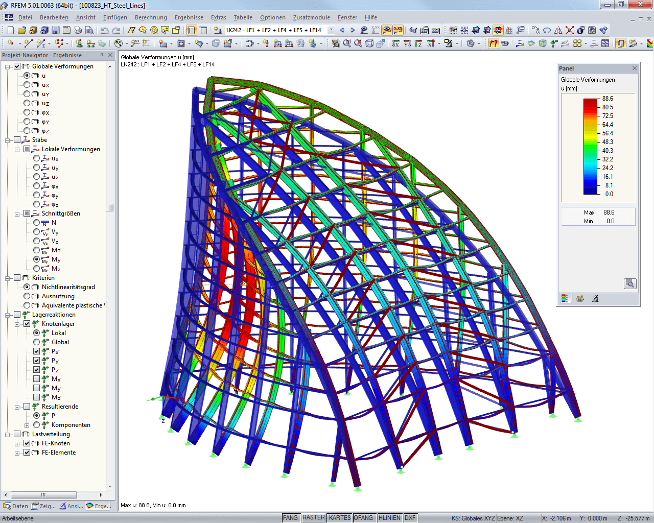 Statisches Modell mit Verformungsbild einer Turmspitze in RFEM (© Werner Sobek Stuttgart)