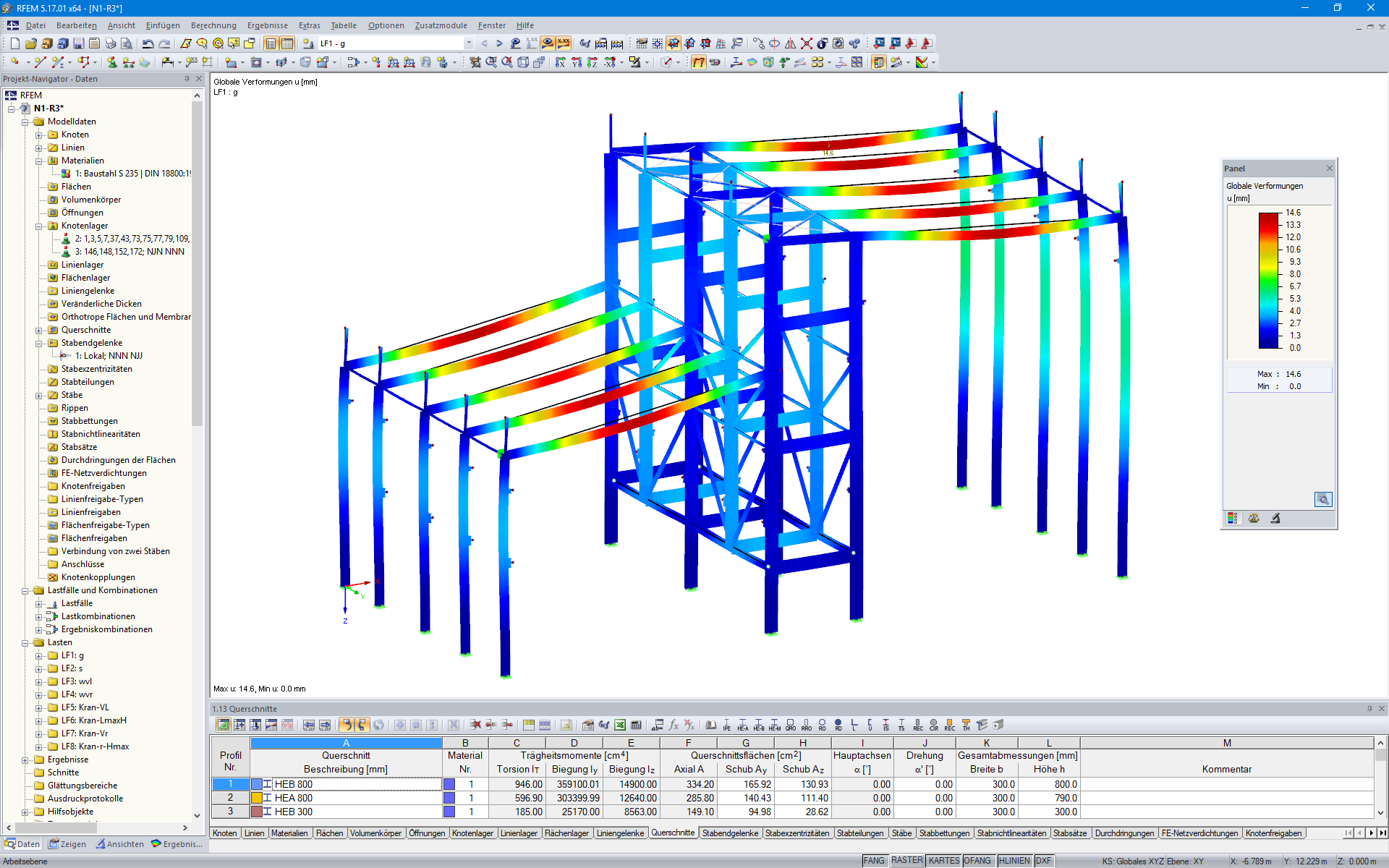 3D-Modell des Hallentragwerks mit visualisierten Verformungen in RFEM (© pbr)