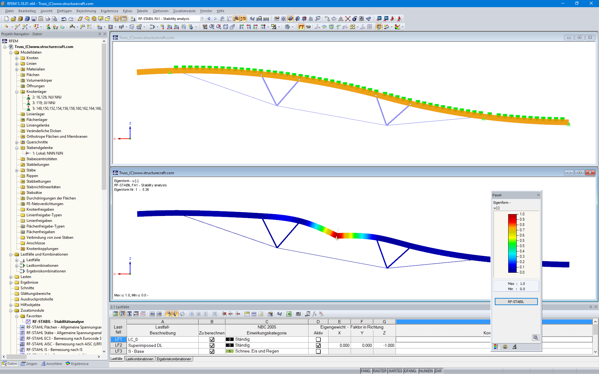 Modell (oben) und 1. Eigenform (unten) eines Hybrid-Dachbinders in RFEM (© StructureCraft Builders Inc.)