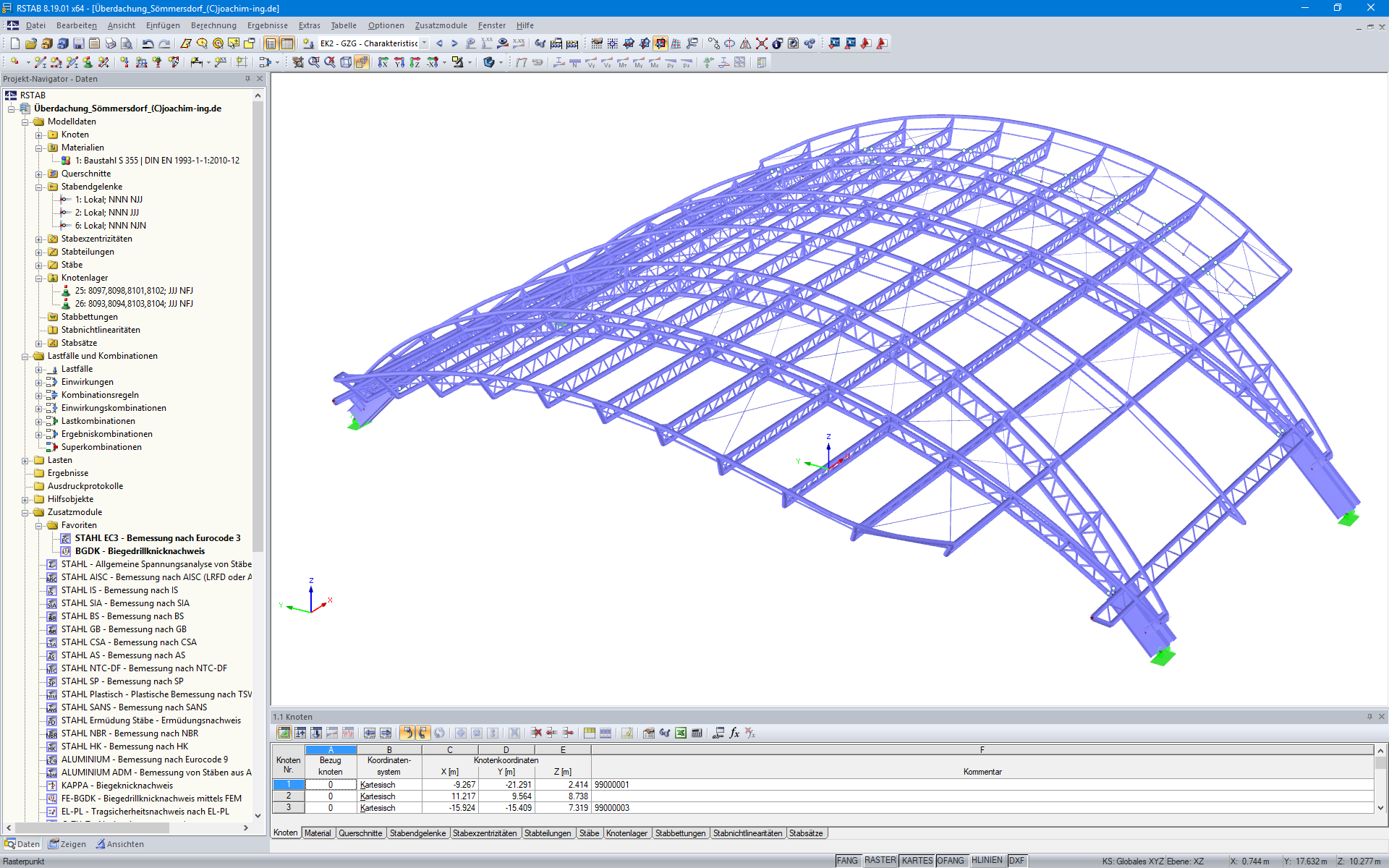 3D-Modell des Dachtragwerks in RSTAB (© Joachim Ingenieure)