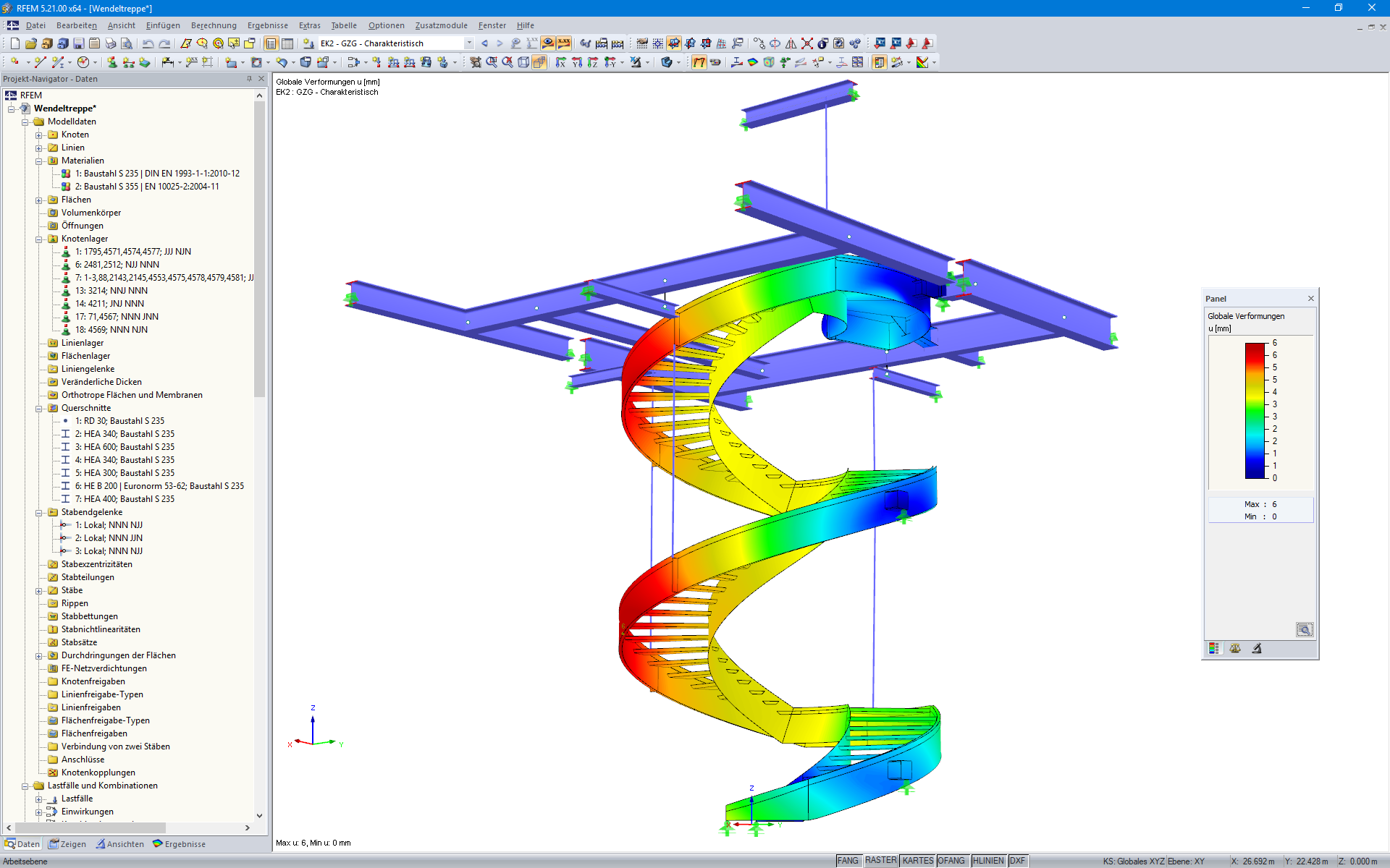 RFEM-Modell der Wendeltreppe mit visualisierten Verformungen (© Vic Obdam Staalbouw BV)