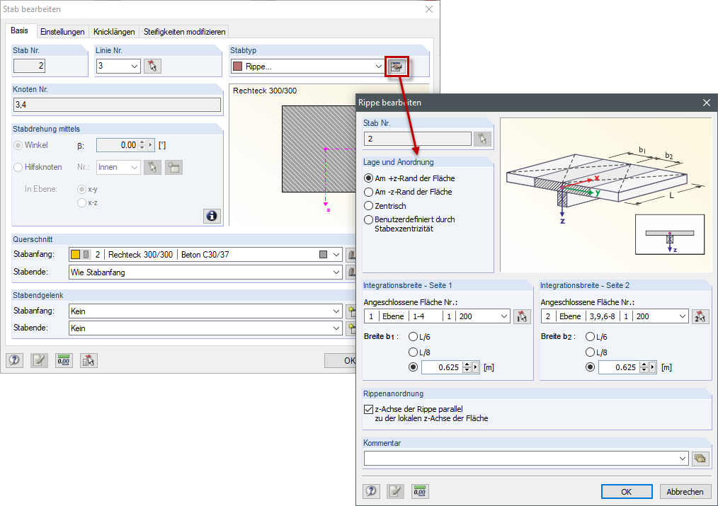 Dialog "Stab bearbeiten": Detaileinstellungen Rippe